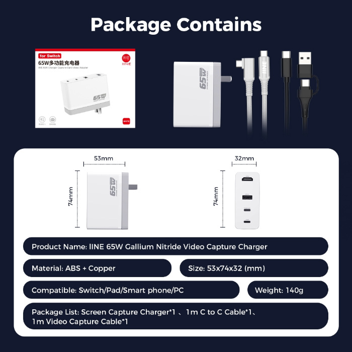 Sạc 65W GaN kiêm Dock xuất hình 4K30Hz IINE + Video Capture Port